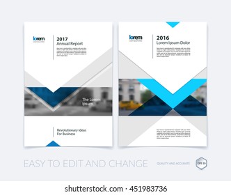 Brochure template layout, cover design annual report, magazine, flyer or leaflet in A4 with blue arrows, triangles with overlap effect for business with industrial and modern concept. Vector set.