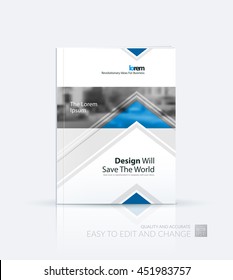 Brochure template layout, cover design annual report, magazine, flyer or leaflet in A4 with blue arrows, triangles with overlap effect for business with industrial and modern concept. Vector.