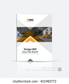 Modelo de folheto layout, relatório anual de design de capa, revista, folheto ou folheto em A4 com setas laranja, triângulos com efeito de sobreposição para negócios com conceito industrial e moderno. Vetor.