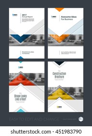 Brochure Template Layout, Cover Design Annual Report, Magazine, Flyer Or Leaflet In A4 With Blue Arrows, Triangles With Overlap Effect For Business With Industrial And Modern Concept. Vector Set.