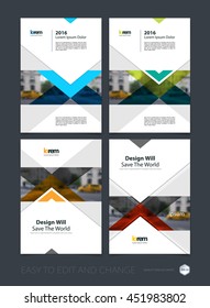 Brochure template layout, cover design annual report, magazine, flyer or leaflet in A4 with blue arrows, triangles with overlap effect for business with industrial and modern concept. Vector set.