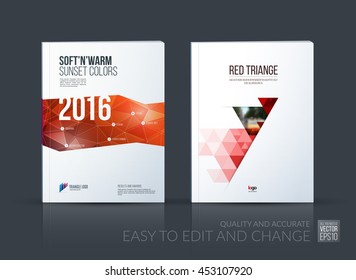 Brochure template layout, cover design annual report, magazine, flyer, leaflet in A4 with red triangle, arrow with overlap effect for business and construction idea. Vector set.