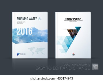 Diseño de Plantilla de folleto, informe anual de diseño de portada, revista, volante, folleto en A4 con triángulo azul, flecha con efecto de superposición para negocios e idea de construcción. Conjunto de Vector.
