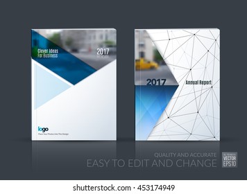 Brochure template layout, cover design annual report, magazine, flyer, leaflet in A4 with blue triangle, arrow with overlap effect for business and construction idea. Vector set.