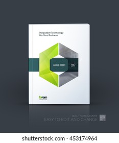 Brochure template layout, cover design annual report, magazine, flyer or leaflet in A4 with green hexagon with overlap effect for business with industrial and modern concept. Vector.