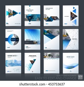 Brochure template layout, cover design annual report, magazine, flyer, leaflet in A4 with blue triangle, arrow, circle, ribbon with overlap effect for business and construction. Vector big mega set.