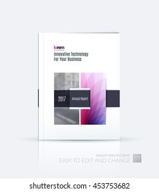 Brochure template layout, cover design annual report, magazine, flyer or leaflet in A4 with purple square with overlap effect for business with industrial and modern concept. Vector.