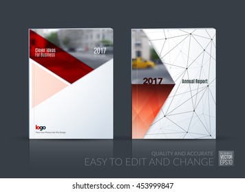 Brochure template layout, cover design annual report, magazine, flyer, leaflet in A4 with red triangle, arrow with overlap effect for business and construction idea. Vector set.