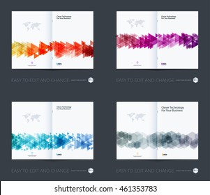 Brochure template layout, cover design annual report, magazine, flyer, leaflet, in A4 with colorful triangle, arrow with overlap effect for business and construction idea. Vector set. 