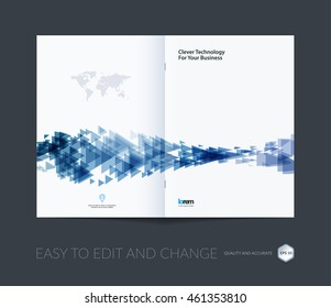 Brochure template layout, cover design annual report, magazine, flyer, leaflet, in A4 with blue triangle, arrow with overlap effect for business and construction idea. Vector. 