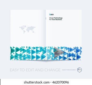 Brochure template layout, cover design annual report, magazine, flyer, leaflet, in A4 with blue triangle, arrow with overlap effect for business and construction idea. Vector. 