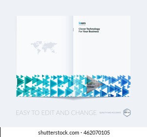 Brochure template layout, cover design annual report, magazine, flyer, leaflet, in A4 with blue triangle, arrow with overlap effect for business and construction idea. Vector. 