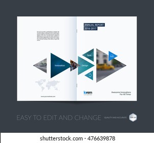 Brochure template layout, cover design annual report, magazine, flyer, leaflet in A4 with blue triangle, arrow with overlap effect for business and building. Vector illustration.