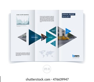 Brochure template layout, cover design annual report, magazine, flyer, leaflet in A4 with blue triangle, arrow with overlap effect for business and building. Vector illustration.