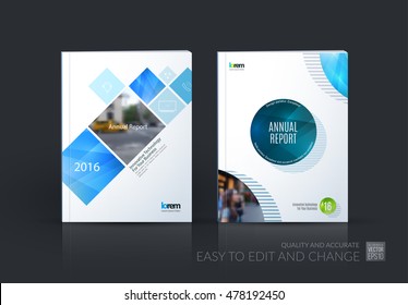Brochure template layout, cover design annual report, magazine, flyer, leaflet in A4 with blue square, rhombus and circle with overlap effect for business and building. Vector creative set.