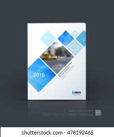 Brochure template layout, cover design annual report, magazine, flyer, leaflet in A4 with blue square, rhombus with overlap effect for business and building. Creative vector poster. 