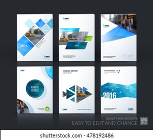Brochure template layout, cover design annual report, magazine, flyer, leaflet in A4 with blue square, rhombus, circle, triangles, polygons with overlap effect for business and building. Vector set.