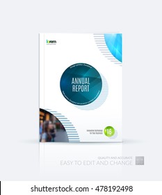 Brochure template layout, cover design annual report, magazine, flyer, leaflet in A4 with blue rounds, circles and lines with overlap effect for business and holidays. Creative vector art. 