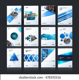 Brochure template layout, cover design annual report, magazine, flyer, leaflet in A4 with blue square, rhombus, circle, triangles, polygons with overlap effect for business and building. Vector set.