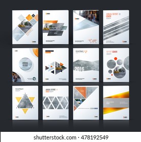 Brochure template layout, cover design annual report, magazine, flyer, leaflet in A4 with grey yellow square, circle, triangles, polygons with overlap effect for business, finance. Vector set.