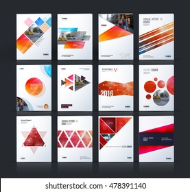 Brochure template layout, cover design annual report, magazine, flyer, leaflet in A4 with blue square, rhombus, circle, triangles, polygons with overlap effect for business and building. Vector set.