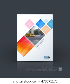 Brochure template layout, cover design annual report, magazine, flyer, leaflet in A4 with blue red square, rhombus with overlap effect for business and building. Creative vector poster. 