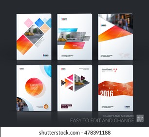 Brochure template layout, cover design annual report, magazine, flyer, leaflet in A4 with blue square, rhombus, circle, triangles, polygons with overlap effect for business and building. Vector set.