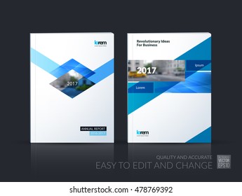 Brochure template layout, cover design annual report, magazine, flyer, leaflet in A4 with blue rhombus, rectangle and diagonal strip with overlap effect for business and science. Vector set.