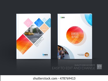 Brochure template layout, cover design annual report, magazine, flyer, leaflet in A4 with orange blue square, rhombus and circle with overlap effect for business and building. Vector creative set.