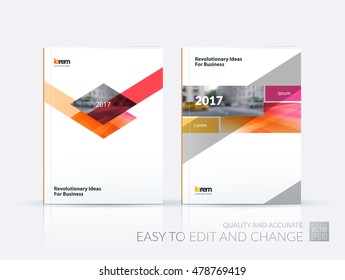 Brochure template layout, cover design annual report, magazine, flyer, leaflet in A4 with red rhombus, rectangle and diagonal strip with overlap effect for business and science. Vector set.