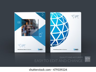Brochure template layout, cover design annual report, magazine, flyer, leaflet in A4 with blue dynamic rectangles and sphere with overlap effect for business and hi-tech. Creative vector art.