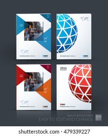 Brochure template layout, cover design annual report, magazine, flyer, leaflet in A4 with blue dynamic rectangles and sphere with overlap effect for business and hi-tech. Creative vector art.