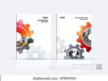 Brochure template layout, cover design annual report, flyer, leaflet in A4 with red gear and polygonal background with overlap effect for engineering, construction and hi-tech. Set vector.