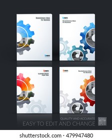 Brochure template layout, cover design annual report, flyer, leaflet in A4 with blue gear and polygonal background with overlap effect for engineering, construction and hi-tech. Set vector.