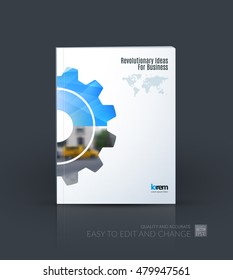 Brochure template layout, cover design annual report, flyer, leaflet in A4 with blue gear and polygonal background with overlap effect for engineering, construction and hi-tech. Creative vector.