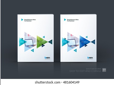 Brochure template layout, cover design annual report, magazine, flyer, leaflet in A4 with blue moving triangles, arrows with overlap effect for business and technology. Creative vector.