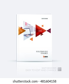 Brochure template layout, cover design annual report, magazine, flyer, leaflet in A4 with red moving triangles, arrows with overlap effect for business and technology. Creative vector.