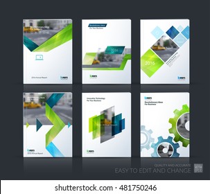 Brochure template layout, cover design annual report, magazine, flyer, leaflet in A4 with blue gear, green triangles, arrow, ribbon with overlap effect for business and technology. Vector mega set.