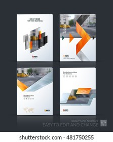 Diseño de la plantilla de folleto, informe anual de diseño de portada, revista, volante, folleto en A4 con triángulos grises amarillos, flecha, cinta con efecto de superposición para los negocios y la tecnología. Mega conjunto vectorial.