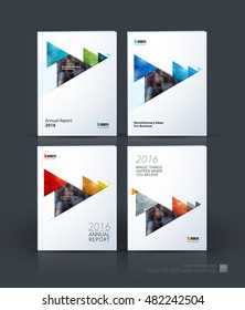 Brochure template layout, cover design annual report, magazine, flyer, leaflet in A4 with colourful moving triangles, arrows with polygonal background for business and technology. Creative vector set.