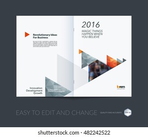 Brochure template layout, cover design annual report, magazine, flyer, leaflet in A4 with orange moving triangles, arrows with polygonal background for business and technology. Creative vector.