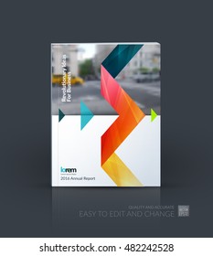 Brochure template layout, cover design annual report, magazine, flyer, leaflet in A4 with red orange triangles, arrow, ribbon with overlap effect for business and technology. Creative vector.