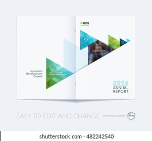 Brochure template layout, cover design annual report, magazine, flyer, leaflet in A4 with blue moving triangles, arrows with polygonal background for business and technology. Creative vector.