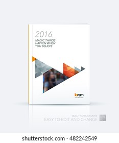 Brochure template layout, cover design annual report, magazine, flyer, leaflet in A4 with orange moving triangles, arrows with polygonal background for business and technology. Creative vector.