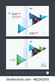 Brochure template layout, cover design annual report, magazine, flyer, leaflet in A4 with blue moving triangles, arrows with polygonal background for business and technology. Creative vector set.