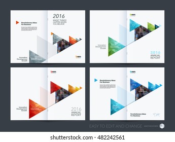 Brochure template layout, cover design annual report, magazine, flyer, leaflet in A4 with colourful moving triangles, arrows with polygonal background for business and technology. Creative vector set.