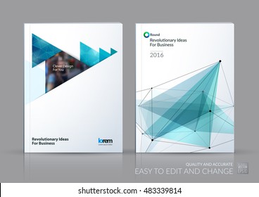 Layout modelo de folheto, relatório anual de design de capa, revista, flyer em A4 com turquesa, triângulo poligonal verde, seta, polígonos de malha 3d, pontos e linhas para negócios e ecologia. Vetor definido.