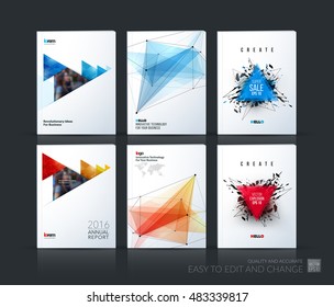 Brochure template layout, cover design annual report, magazine, flyer in A4 with blue red polygonal triangles, 3d mesh polygons, rounds, lines, explosion for business and sale shopping. Vector set.