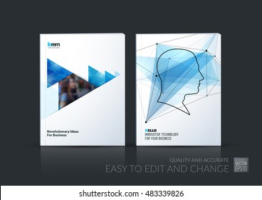 Brochure template layout, cover design annual report, magazine, flyer, leaflet in A4 with blue polygonal triangles, arrow, 3d mesh polygons, rounds, lines for business and human resources. Vector set.