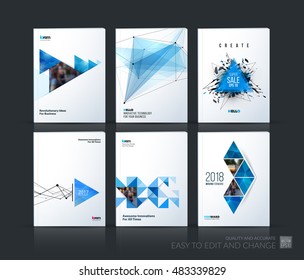 Brochure template layout, cover design annual report, magazine, flyer in A4 with blue polygonal triangles, 3d mesh polygons, rounds, lines, explosion for business and sale shopping. Vector set.